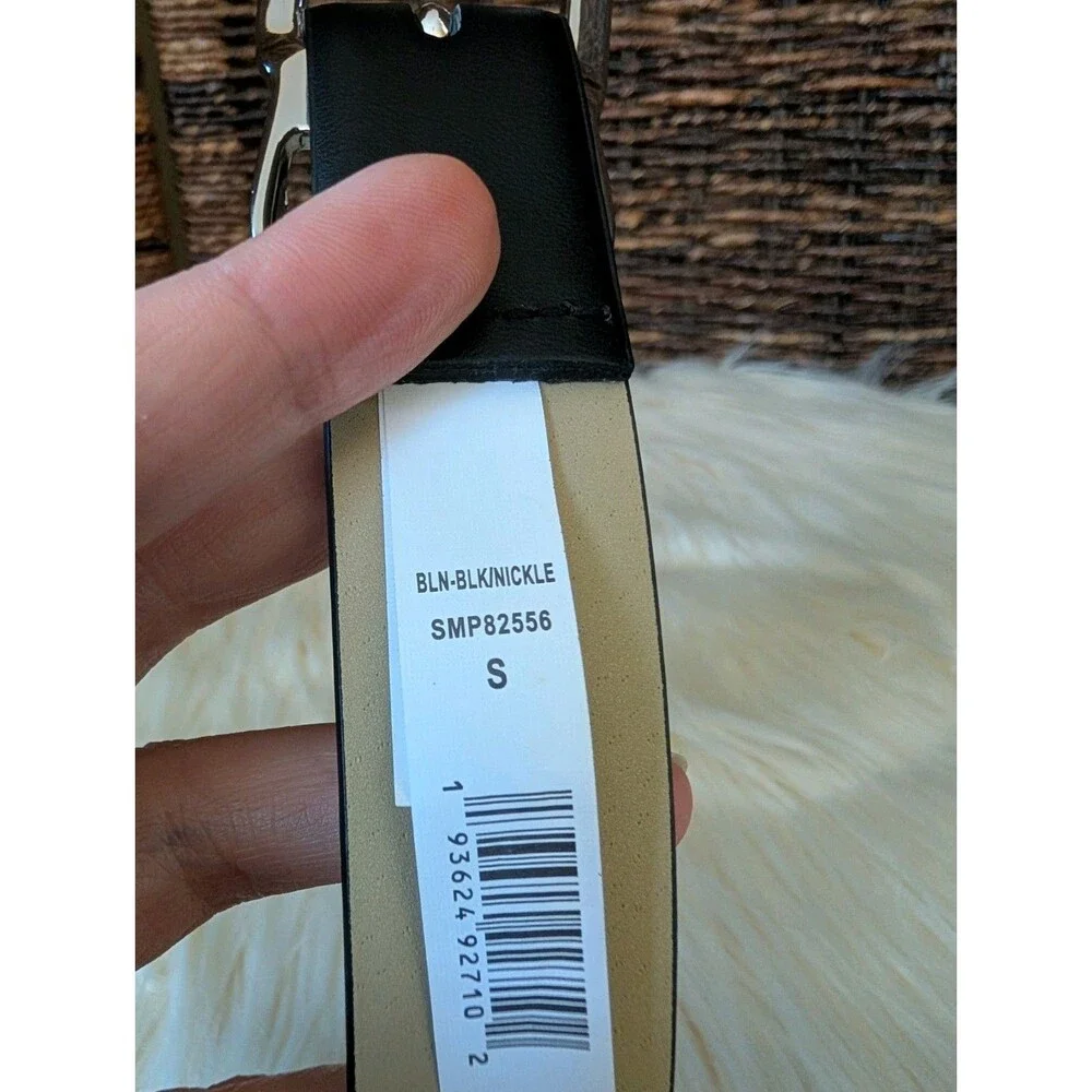 NWT Steve Madden Faux Leather Black Silver Buckle Adjustable Belt Logo Small NEW